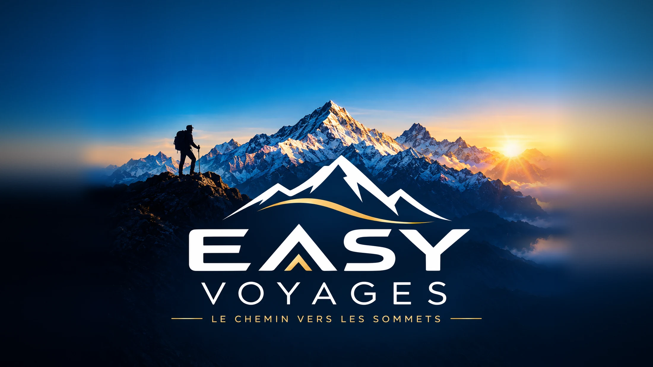 EASY VOYAGES, le chemin vers les sommets : un randonneur sur une crête face aux sommets enneigés de l’Himalaya, au lever du soleil.