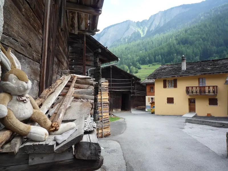 Un chalet de bois et un lapin en peluche
